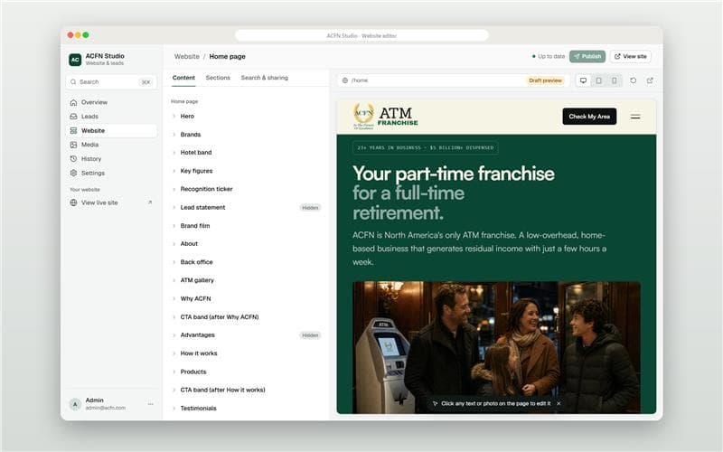 ACFN Studio content editor with live web preview and publishing controls