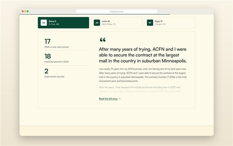 ACFN franchisee stories and proof section showcasing owner journeys