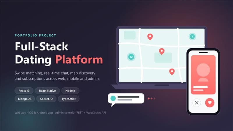 Dating platform project cover showing map-based discovery and a mobile swipe profile