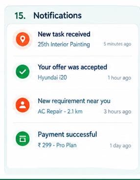NearNest notifications for new tasks, accepted offers, nearby requirements and payments