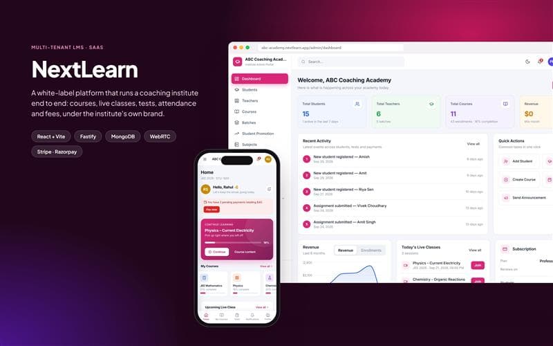 NextLearn dashboard and mobile view for a coaching institute portal