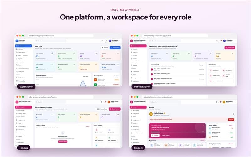 NextLearn multi-role dashboards for different user portals