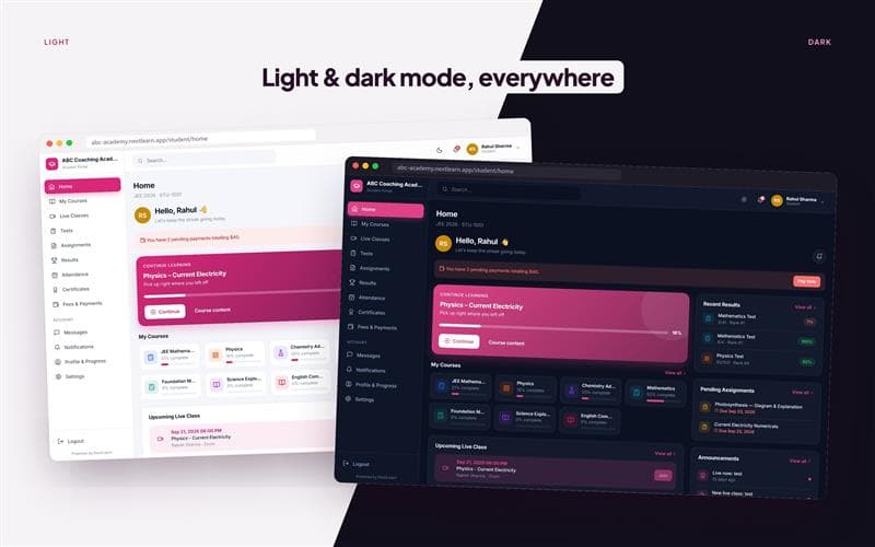 NextLearn light and dark mode interface illustrations