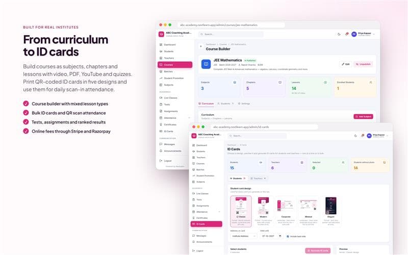 NextLearn course builder and QR ID card workflow