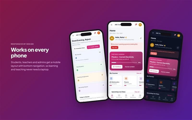 NextLearn mobile screens for students and teachers