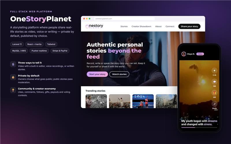 OneStoryPlanet landing page showing the storytelling platform interface