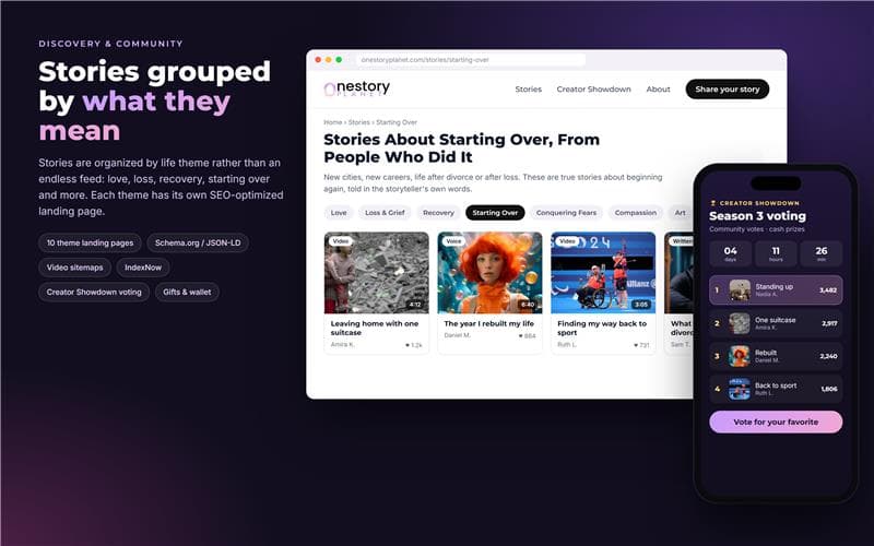 OneStoryPlanet community and theme discovery page