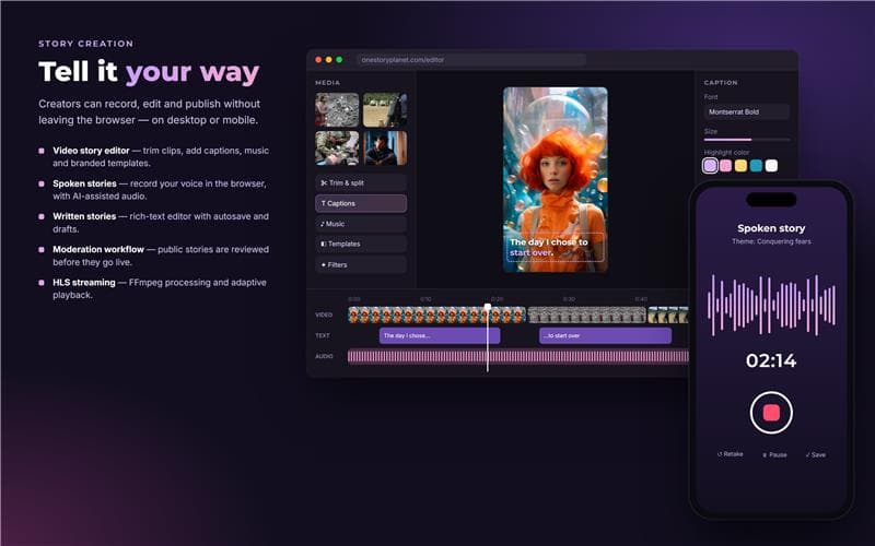 OneStoryPlanet editor interface for video, voice and text stories